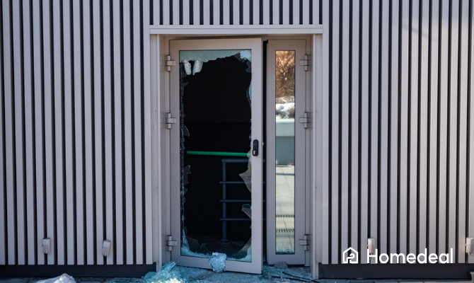 Gebroken glas in een deur door een inbraak