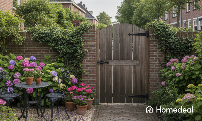 Houten tuinpoort in een stenen tuinmuur met hortensia's en een tuinset voor de muur