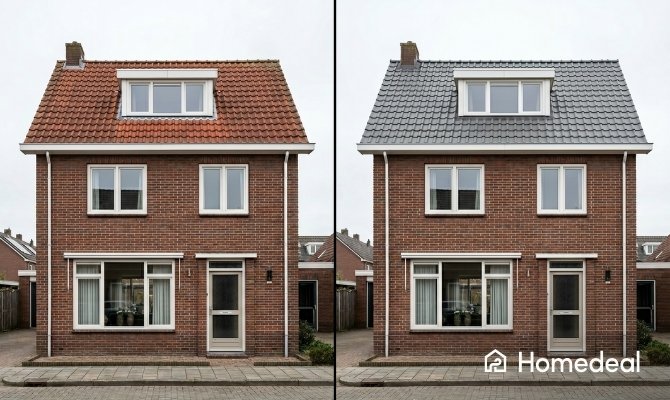Voor-en-na afbeelding van een vrijstaande bakstenen woning waarbij de dakbedekking is vervangen. Links een verouderd rood pannendak, rechts een vernieuwd grijs pannendak na het vervangen van de dakbedekking.