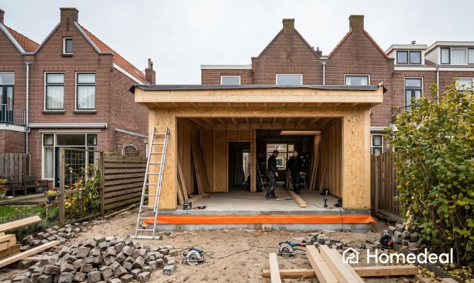 Een aanbouw aan huis wordt opgebouwd (1)