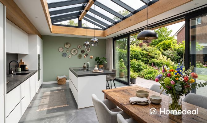 Een moderne keuken aanbouw met een glazen dak en schuifpui naar de tuin