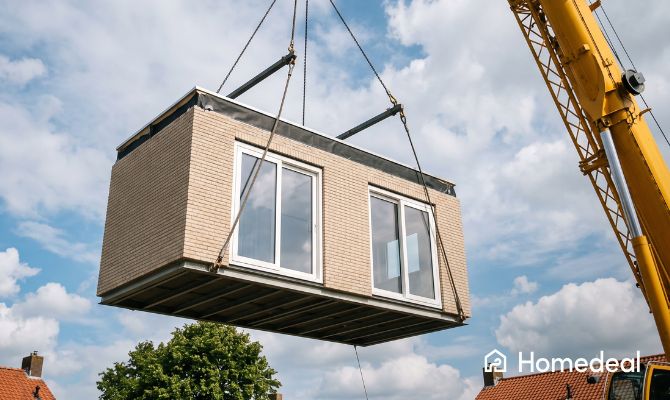 Een prefab aanbouw hangt aan een hijskraan in de lucht