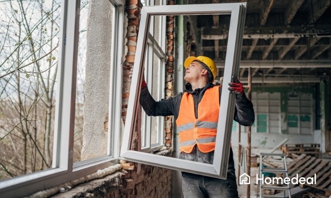 Man is een wit kozijn aan het vervangen in een woning die gerenoveerd wordt