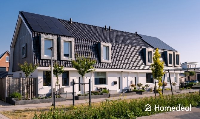 Rijtjeshuizen met donker pannendak en egale dunne film zonnepanelen onder een heldere blauwe lucht.