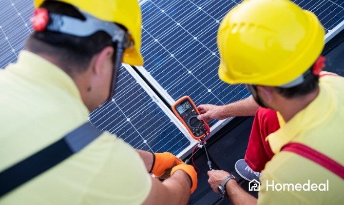 Twee monteurs voeren zonnepanelen onderhoud uit door met een digitale multimeter de spanning van de panelen te meten, om prestaties en werking te controleren.