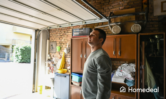 Man staat in een garage bij een geopende garagedeur