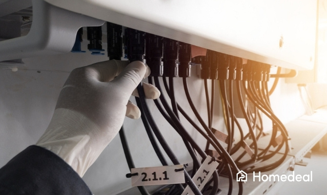 Close-up van een monteur met handschoen die bekabeling aansluit op een string-omvormer voor zonnepanelen, met gelabelde draden voor overzicht en veiligheid.