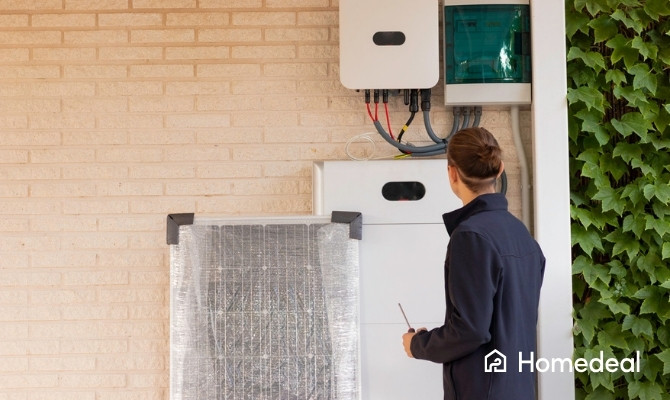 Vrouwelijke installateur kijkt naar een hybride omvormer met gekoppelde thuisbatterij aan een buitenmuur, met daarnaast een verpakt zonnepaneel klaar voor installatie.