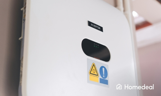 Close-up van een witte zonnepaneelomvormer met waarschuwingssymbolen en indicatorlampjes, gebruikt om opgewekte zonne-energie om te zetten naar bruikbare wisselstroom.