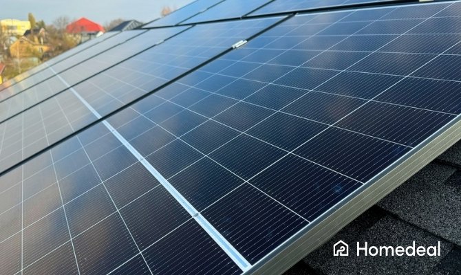 Polykristallijne zonnepanelen op schuin dak van woning.