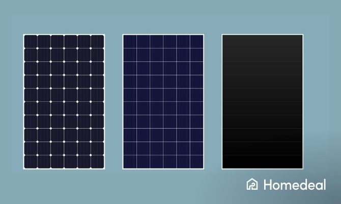 Illustratie van drie soorten zonnepanelen: monokristallijn, polykristallijn en dunnefilm.