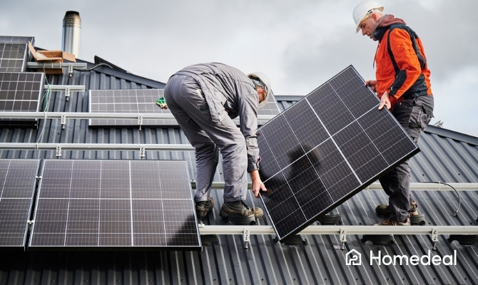 Twee installateurs met veiligheidshelmen plaatsen een zonnepaneel op een zwart metalen dak, terwijl al meerdere zonnepanelen geïnstalleerd zijn op de achtergrond. 