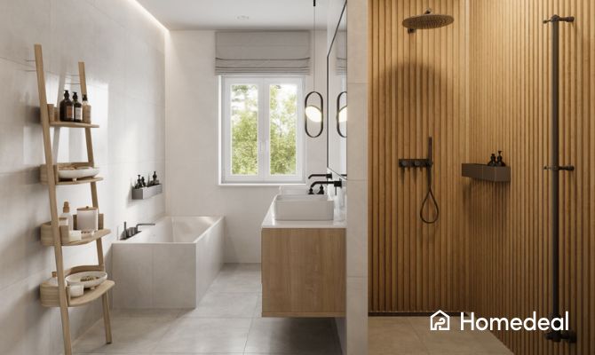 Moderne badkamer met grote tegels en houten elementen