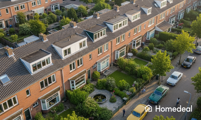 Bovenaanzicht van een Nederlandse jaren dertig wijk met veel dakkapellen op de daken