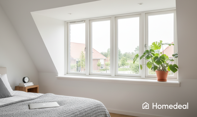 Dakkapel met vier ramen van binnenuit gezien