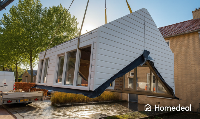 Prefab nokverhoging wordt met een kraan op een dak gehesen