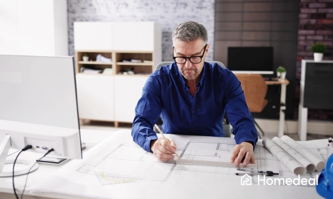 Architect met grijs haar en bril tekent een huisontwerp op papier aan zijn bureau, omringd door bouwtekeningen, een computerscherm, liniaal en een blauwe veiligheidshelm.