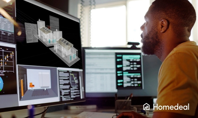Man ontwerpt een gebouw in 3D-software op meerdere schermen, met technische data en interieurvisualisatie in beeld.