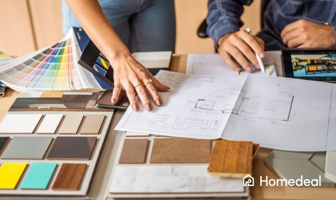 Binnenhuisarchitect bespreekt een ontwerpplan.