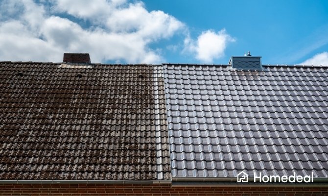 Een half gereinigd huisdak toont het voor- en naeffect van een dakreiniging.