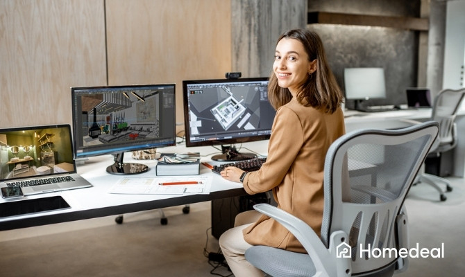 Vrouwelijke interieurarchitect werkt aan 3D-interieurontwerpen op dubbele monitoren in een modern kantoor.