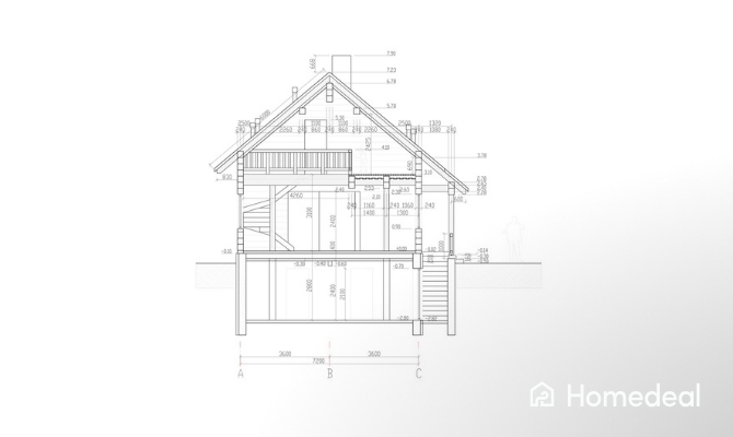 Gedetailleerde bouwtekening van een woning in doorsnede, met aanduiding van verdiepingen, ruimtes en exacte maatvoering van muren, plafonds en trappen. De tekening toont ook fundering, dakstructuur en constructie-elementen.