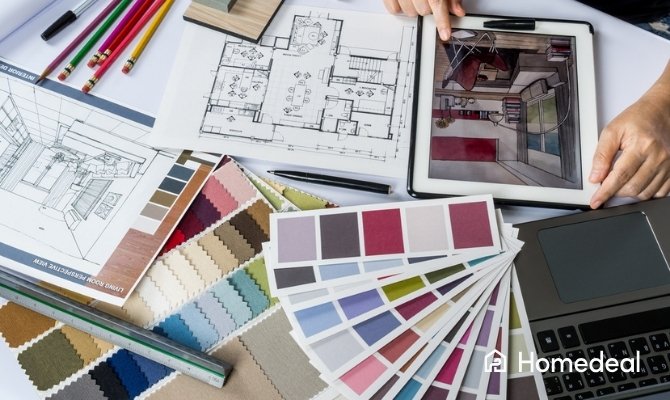 Tafel met kleurstalen, stoffen, potloden, plattegronden en een tablet met interieurontwerp – typisch werkmateriaal van een interieurarchitect.