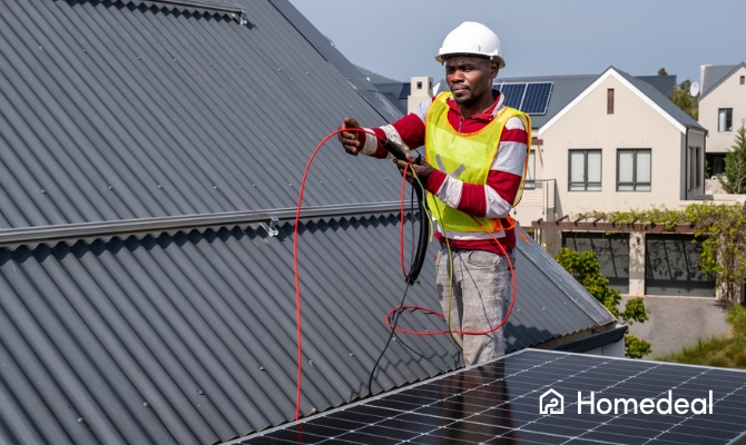 Zonnepanelen specialist op een dak met zonnepanelen, bezig met het aansluiten van rode kabels.