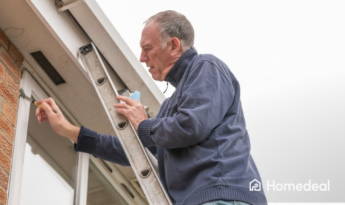 Man voert een kozijn reparatie uit door kit rond een lekkend venster aan te brengen.