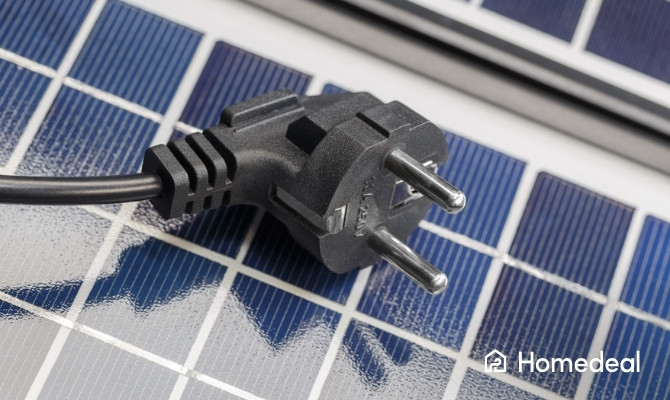 Close-up van een zwarte stekker die op het oppervlak van een zonnepaneel ligt