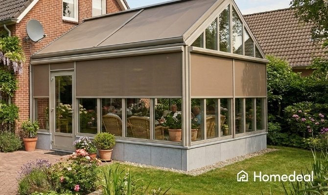 Glazen serre voorzien van beige uitrolbare zonwering, omgeven door een bloeiende tuin.