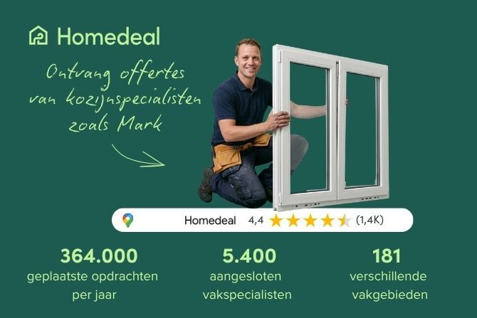 Homedeal afbeelding waarop een kozijnspecialist een wit kunststof kozijn vasthoudt, met de tekst "Ontvang offertes van kozijnspecialisten zoals Mark" en statistieken over geplaatste opdrachten, aangesloten vakspecialisten en vakgebieden.