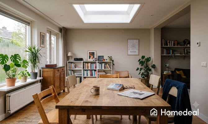 Moderne eetkamer met een grote lichtkoepel op een plat dak, waardoor veel natuurlijk daglicht de ruimte binnenvalt.