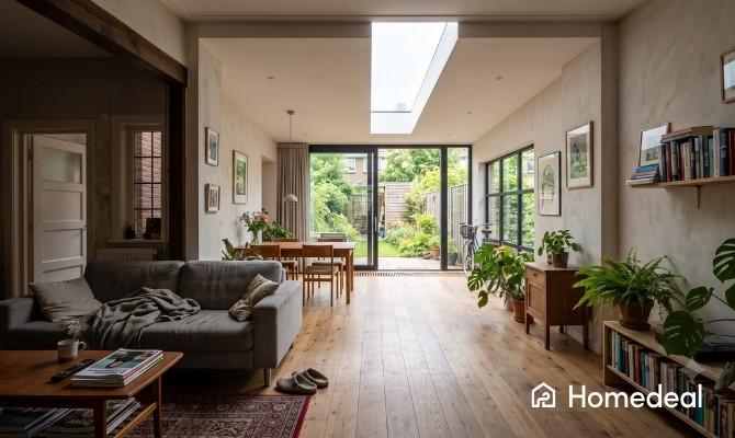 Moderne woonkamer met een lange lichtstraat op een plat dak, waardoor veel natuurlijk daglicht diep de woning binnenvalt.