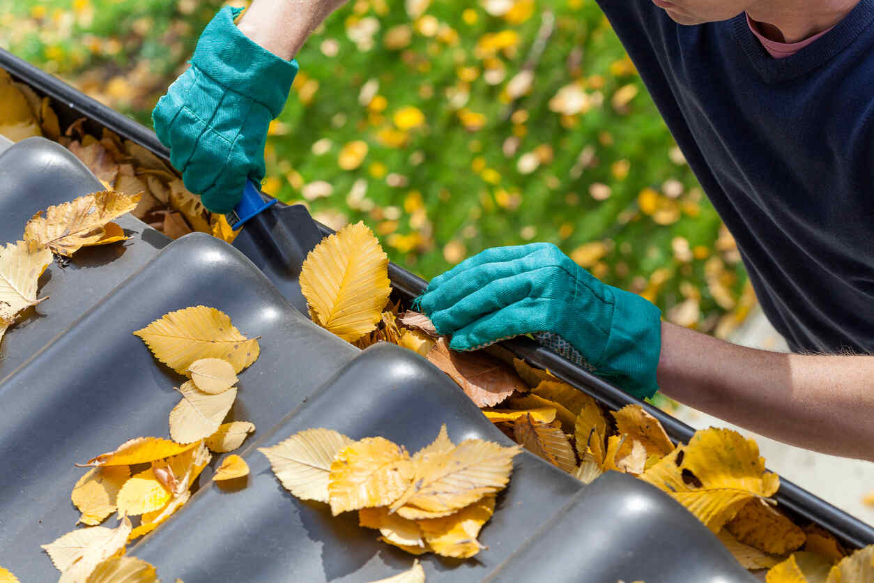 Dakdekker maakt dakgoot schoon met handschoenen