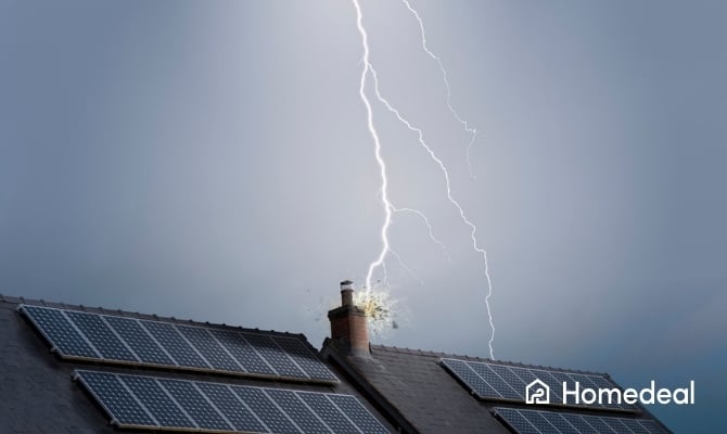 Woning met zonnepanelen op het dak, getroffen door een blikseminslag op de schoorsteen, als voorbeeld van schade die door zonnepanelen verzekeren gedekt kan worden.