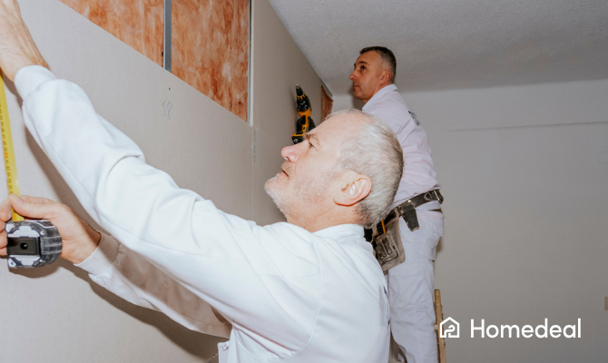 Twee mannen werken aan een muur met geluidsisolatie