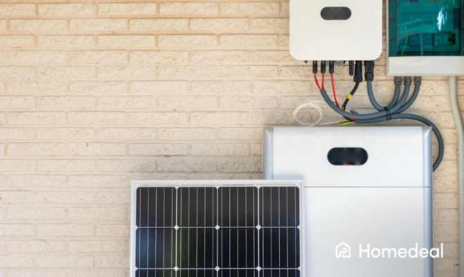 Installatie van batterijopslag voor zonnepanelen met omvormer aan een muur, inclusief zonnepaneel eronder, voor het opslaan en benutten van opgewekte zonne-energie.