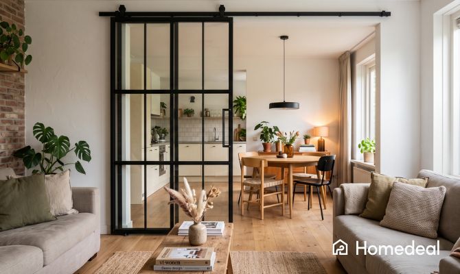 Nederlands interieur met een grote glazen schuifdeur met stalen frame als room divider
