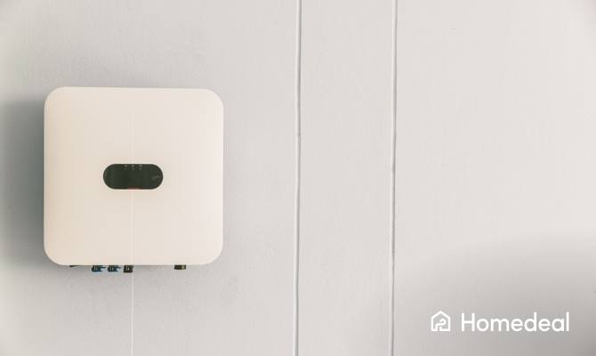 Witte omvormer voor zonnepanelen gemonteerd aan een binnenmuur, met kabelinvoer aan de onderzijde en indicatorlampjes aan de voorkant.