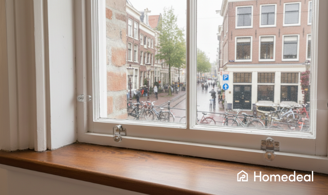 Raamkozijn met raam en voorzetraam aan de binnenkant