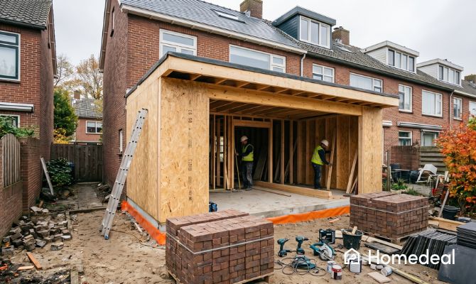 Een aanbouw aan huis wordt opgebouwd