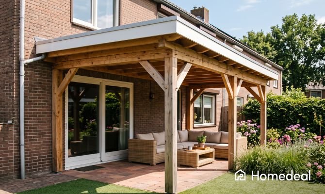 Een houten overkapping aan een huis met een loungebank onder de overkapping