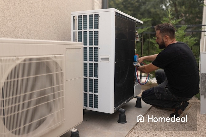 Vakspecialist is een warmtepomp installatie aan het monteren
