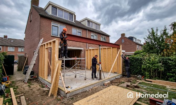 Een aanbouw aan huis wordt opgebouwd met fundering nog zichtbaar