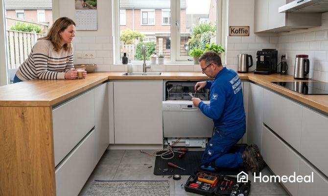 Elektricien repareert een vaatwasmachine in een keuken en een vrouw kijkt toe