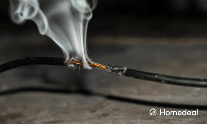 Kapotte draad waar rook vanaf komt en kortsluiting veroorzaakt