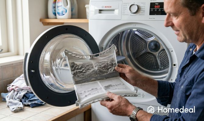 Onderhoud droger - man verwijderd stof uit het pluizenfilter van een droger