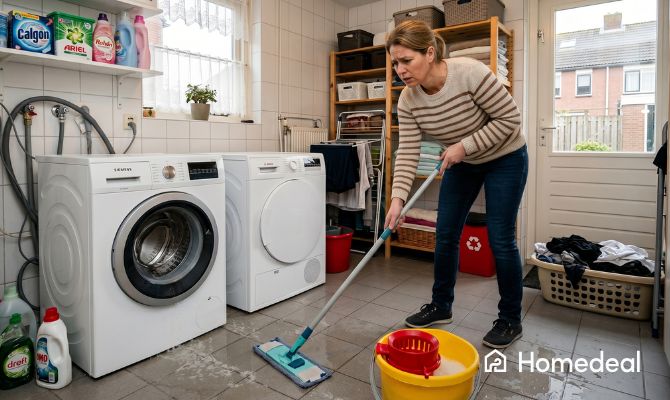 Vrouw is aan het dweilen in haar bijkeuken omdat haar wasmachine kapot is en lekt