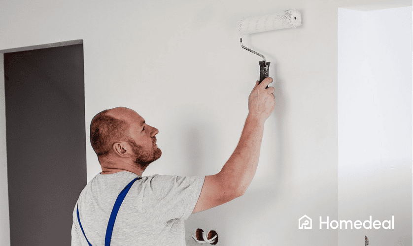 Schilder in blauwe overall verft een witte binnenmuur met een verfroller